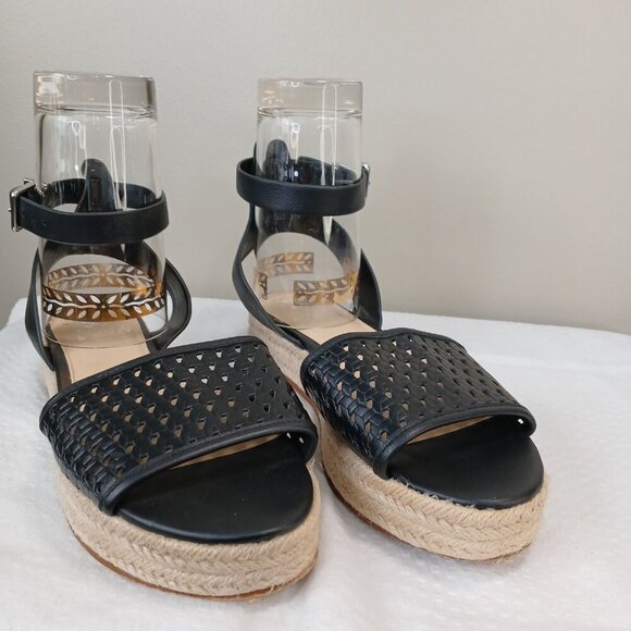 VINCE CAMUTO BLACK BASKETWEAVE ESPARDRILLE ANKLE STRAP PLATFORM SANDAL, SIZE 9 - Picture 1 of 7